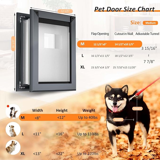 FreeStanding Doggie Door for Wall, Heavy Duty Aluminum Frame and Telescoping Tunnels Dog Door, Doggy Door with Double Magnetic Flaps and Two Sliding Lock Panels, Up to 40LBS, Smoky Gray