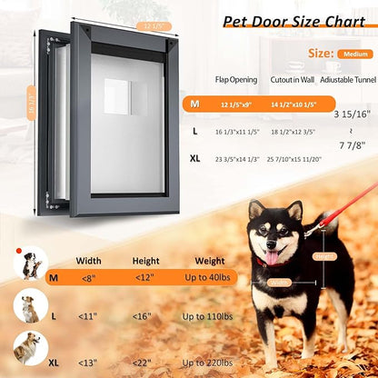 FreeStanding Doggie Door for Wall, Heavy Duty Aluminum Frame and Telescoping Tunnels Dog Door, Doggy Door with Double Magnetic Flaps and Two Sliding Lock Panels, Up to 40LBS, Smoky Gray