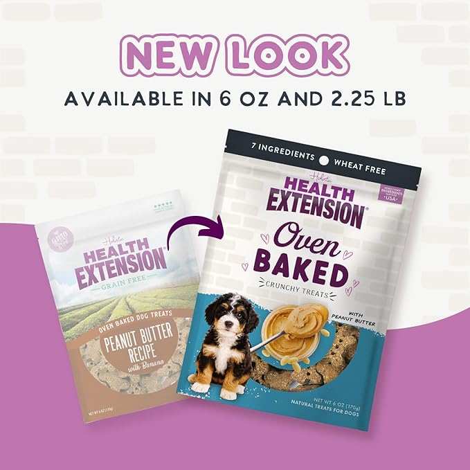 Health Extension Oven-Baked Dog Treats, Peanut Butter Recipe – Gluten & Wheat-Free, Superfood-Infused, Crunchy Biscuits for Puppy Training (6oz)
