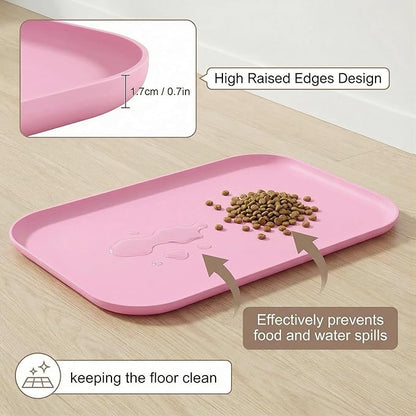 BLESWIN Non-Slip Silicone Dog Food Mat for Food and Water, 18" x 12" Raised Edge Pet Feeding Mat - Waterproof Dog Bowl Mat Easy Clean for Floor Protector,Pink