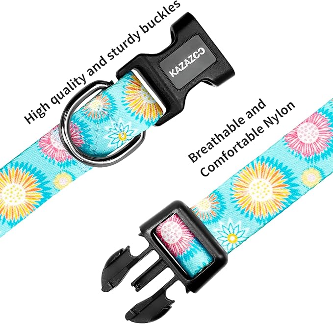 Kazazoo Dog Collar Cute and Soft Nylon Puppy Collar for Boy and Girl, Adjustable Dog Collars for Medium Large Dogs, Blue Sunflowers-L