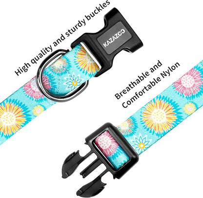 Kazazoo Dog Collar Cute and Soft Nylon Puppy Collar for Boy and Girl, Adjustable Dog Collars for Medium Large Dogs, Blue Sunflowers-L