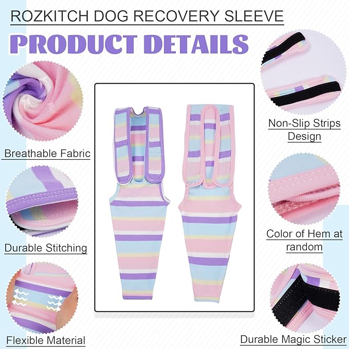 ROZKITCH Dog Arm Sleeves for Licking Front Right Left Leg, Stretchy Surgery Recovery Sleeve Anti Licking Scratching Wound, Fix Bandages in Place Striped Protection Stripe 2XL