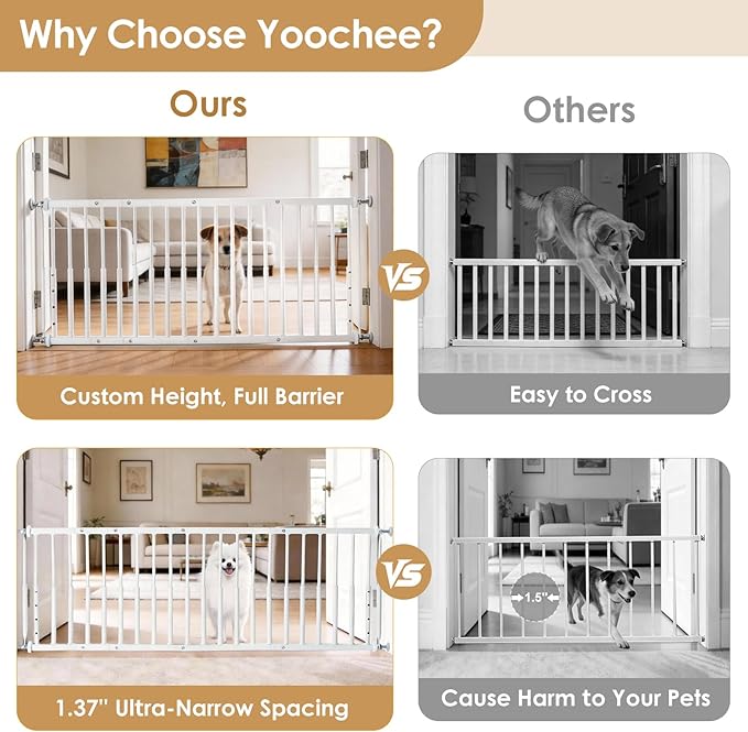 10''-15.8'' Height Adjustable Dog Gate, Extra Wide 18.1"-46" All Metal Short Dog Gate to Step Over, Pressure Mount Small Pet Puppy Gate for Stairs & Doorways(White)