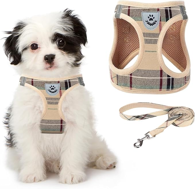 KOOLTAIL Dog Harness and Leash Set for Small Medium Dogs, Step in No Pull Soft Mesh Dog Harness Comfort Padded Pet Vest, Adjustable Reflective Easy Walking Puppy Cats Harnesses Training, Plaid Beige M
