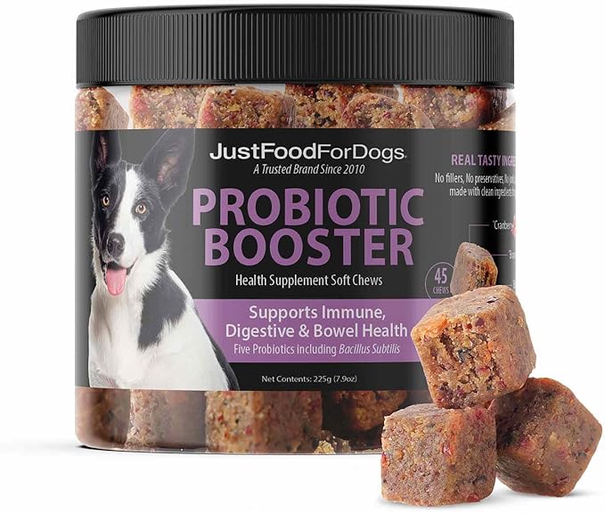 JustFoodForDogs Probiotic Booster Supplement for Dogs, Human Grade Dog Supplements, Immune and Digestive Support, Multivitamin Soft Chews, Superfood Blend, Plant Based Dog Vitamins - 45 Count