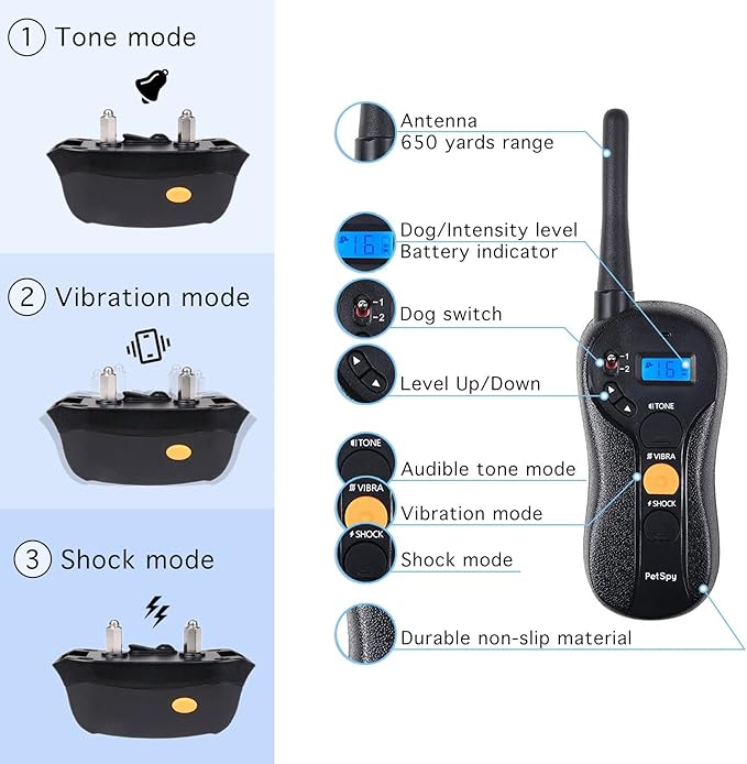 PetSpy P620 Dog Training Shock Collar for Dogs with Vibration, Electric Shock, Beep; Rechargeable and Waterproof Remote Trainer E-Collar - 10-140 lbs (Two Dogs - Bundle)
