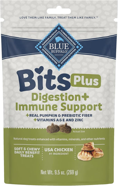 Blue Buffalo Blue Bits Plus Digestion and Immune Support Daily Benefit Dog Treats, Soft & Chewy Chicken and Pumpkin Morsels, 9.5-oz. Bag