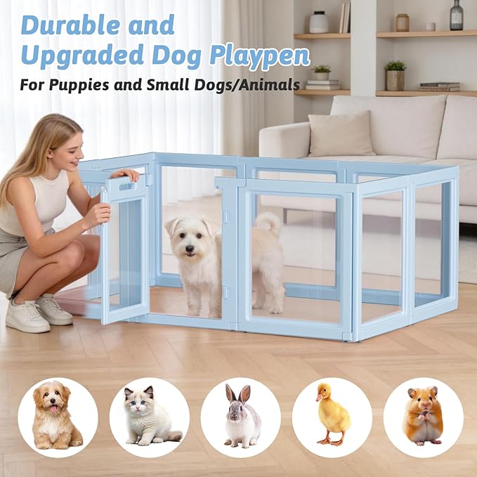 DIY Clear Acrylic Dog Playpen House,Quick Easy Assembly and Disassembly,Strong Floor Suction,Indoor and Outdoor Use,Easy Cleansing Puppy Fence (Sky Blue, 30.3" H, 10PCS)