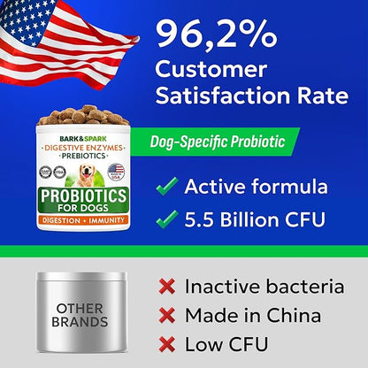 BARK&SPARK Dog Probiotics & Digestive Enzymes (Gut Health) Allergy & Itchy Skin - Pet Diarrhea Gas Treatment Upset Stomach Relief, Digestion Health Prebiotic Supplement Dog Treats (240Ct Chicken)