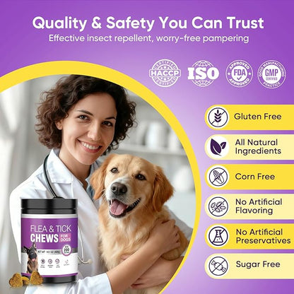 Dog Flea and Tick Treatment Chewable 200 Treatment Chews Natural Soft Chew Fleas Ticks Treatment Dog Oral Chewables Support Supplement