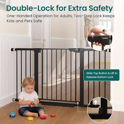 Cumbor 30-54" Extra Wide Baby Gate for Stairs, Dual Lock & Self-Closing Dog Gate Indoor, Easy Install Pet Gate for Doorways, Hallways & Kitchen, Easy Walk Thru Safety Proofing for Babies & Pets, Black
