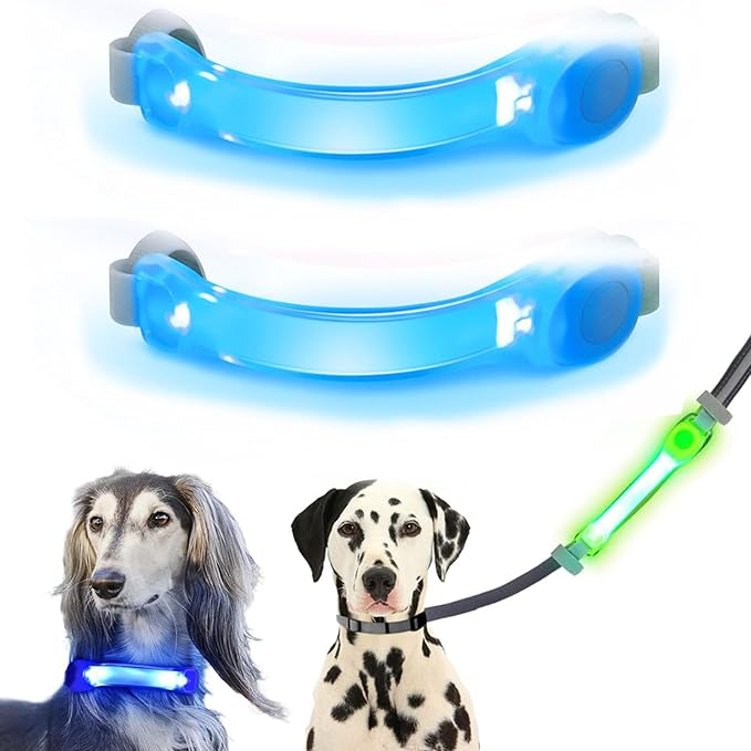 Dog Leash Light 2 Pack, LED Night Walking Safety Light for Collar Harness, Waterproof Glow Band with Nylon Stickers, Easy Clip-on Attachment for Small Large Dogs