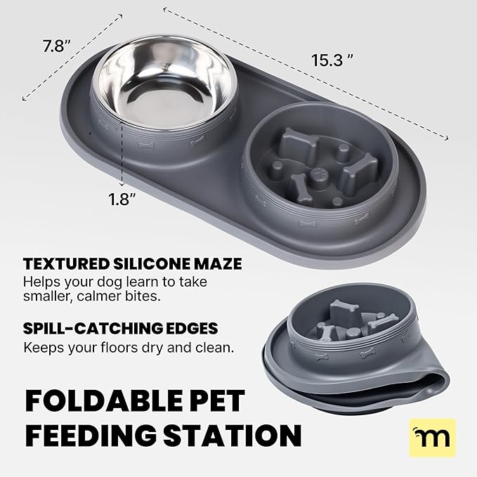 MalsiPree 2-in-1 Puppy Slow Feeder & Water Bowl Set - Puppy Adoption Gifts & Dog Birthday Treats Station - Silicone Feeding Mat with Stainless Steel Bowls - Accessories & Training Supplies - Gray