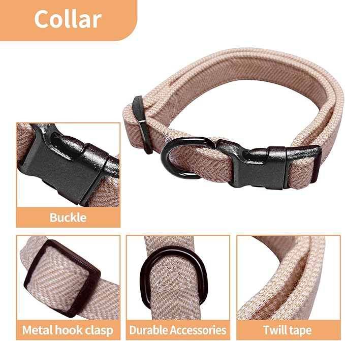 EVERKING 5-Piece Dog Travel Set, Adjustable Harness, Leash, Collar, Poop Bags, Bowtie for Small Medium Dogs, Beige, Breathable No-Pull Design (Beige, S)