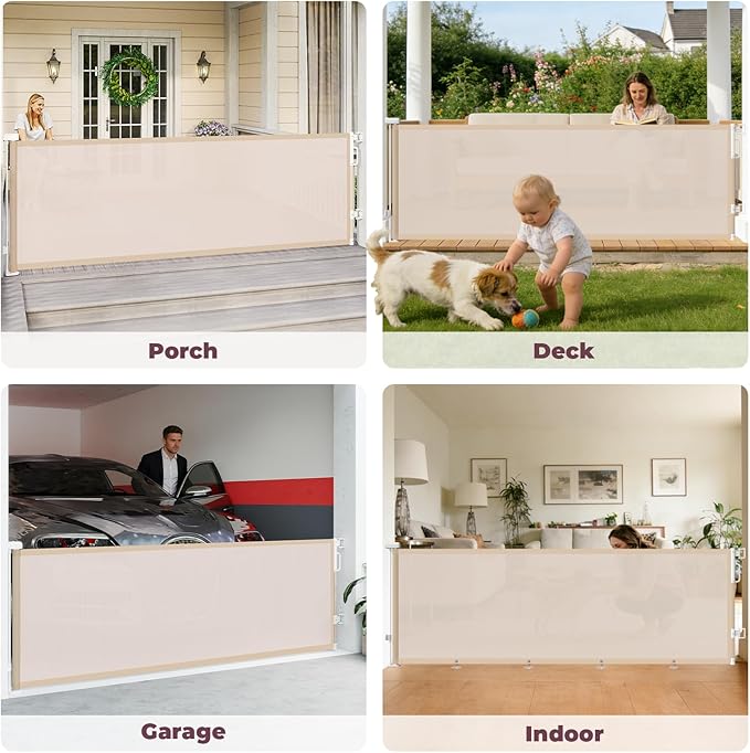 96" Retractable Baby Gates Large Openings, Extra Wide Mesh Dog Gate for Garage Deck Porch, Strong Suction Disc Prevent Crawling Under, 34" Tall Long Safety Gate for Child Indoor Outdoor, Beige