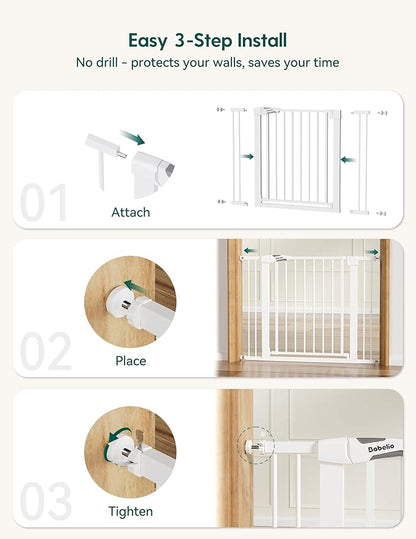 Babelio Metal Baby Gate, 29-43" Auto Close Easy Install Pet Gate PressGuard P7, Extra Wide Walk Thru Child Safety Gate, 30" Tall Pressure Mounted Dog Gate for Doorways & Stairs, White