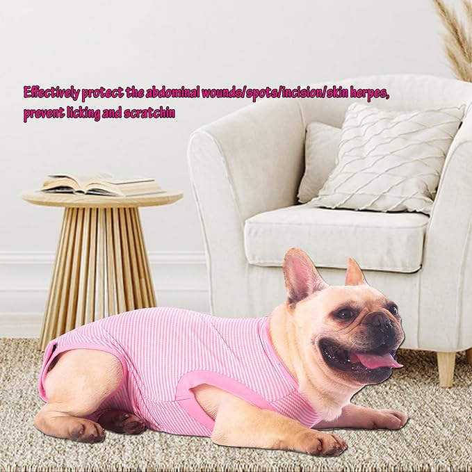 Dog Recovery Suit Pink Female Spay Surgical Large Shirt, Male Surgery Recovery Suit,Pink-White Striped L