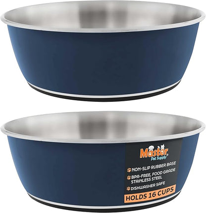 Master Pet Supply Stainless Steel Dog Bowls Set of 2 (128 Oz Each) with Non-Slip Rubber Base - Navy Blue - Basic Dog Food Bowl Water & Food Bowls for Small Medium Large Dogs & Cats, Metal Dish
