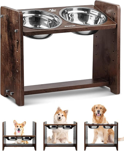 Jovrun Elevated Dog Bowls, Adjustable Raised Dog Bowl Stand for Medium Size Dogs and Cats, Durable Bamboo Dogs Feeder with 2 Stainless Steel Bowls and Non-Slip Feet, Pet Food Bowl for Medium Sizes