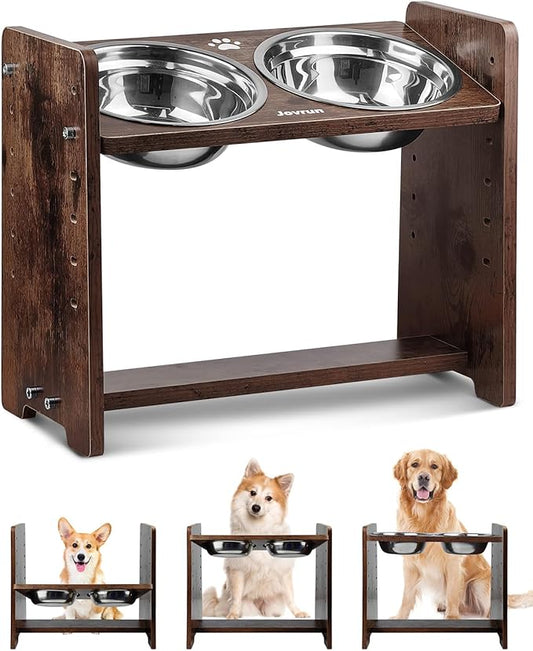 Jovrun Elevated Dog Bowls, Adjustable Raised Dog Bowl Stand for Medium Size Dogs and Cats, Durable Bamboo Dogs Feeder with 2 Stainless Steel Bowls and Non-Slip Feet, Pet Food Bowl for Medium Sizes