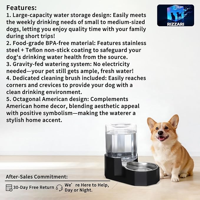 Sfozstra Large Dog Water Dispenser: 5L Automatic Gravity Water Feeder - Dishwasher-Safe Stainless Steel Bowl - Easy Clean - No Power Needed - for Cats & Small Dogs - Kitchen Corner/Crate Area