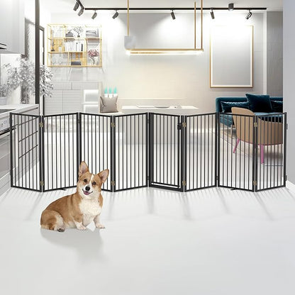Metal Freestanding Dog Gates with Door for Outdoor Indoor,160'' Extra Wide 32'' Tall Free Standing Dog Gate for Doorways,Large Openings,Deck,Yard,Porch,Foldable Pet Fence(Black,8 Panels)