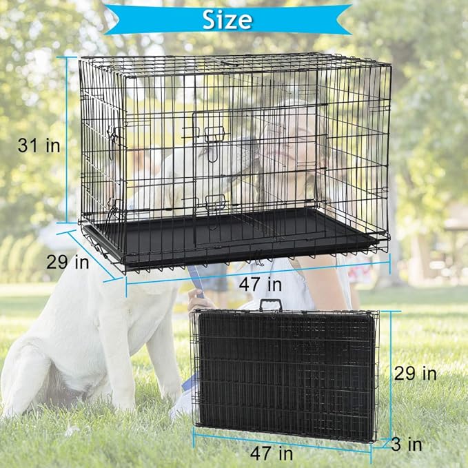 Dog Crate for Large Medium Dogs Folding Dog Kennel Cage with Plastic Tray & Divider 48" Indoor Outdoor Metal Double Door Pet Playpen Heavy Duty Dog Pen Enclosure Black
