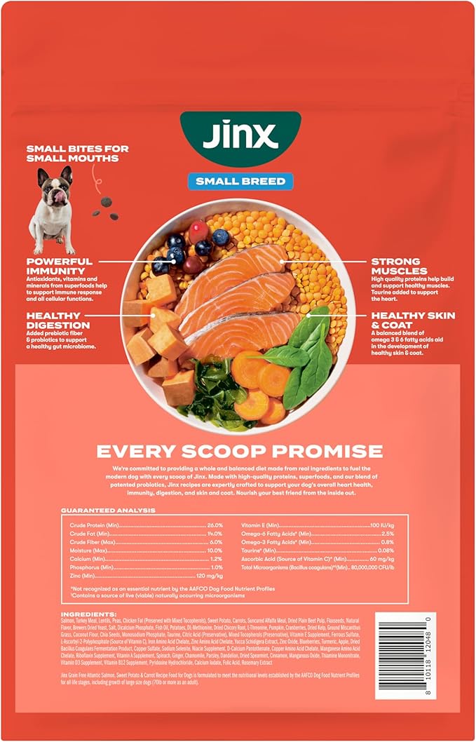 Jinx Premium Dry Dog Food Small Breed - Real Salmon & Sweet Potato Kibble with Superfoods for Immune Support & Probiotics for Digestive Support - No Fillers – 4lb