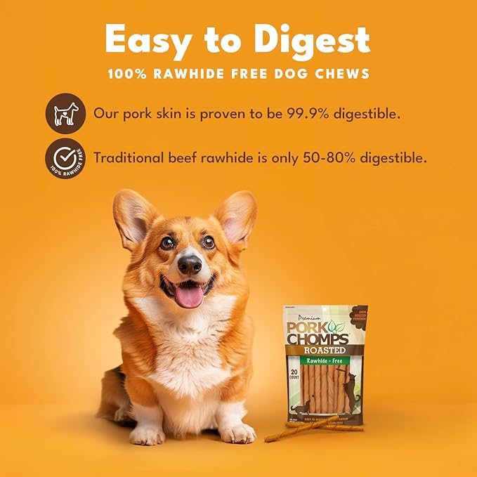 Pork Chomps Roasted Pork Skin Dog Chews, 5 Inch Mini Twists, 20 Count - Long-Lasting Treats for Dogs - High Protein, Rawhide-Free, Low Fat, Healthy & Delicious Chews