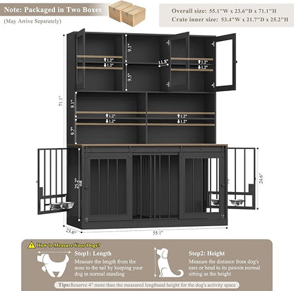 HOSTACK 71" Tall Dog Crate Furniture, 55" W Dog Kennel with Storage Hutch, XL Dog Crate for 2 Dogs with Feeding Bowls, Indoor Heavy Duty Dog Cage with Removable Room Divider, Wooden Pet House, Black