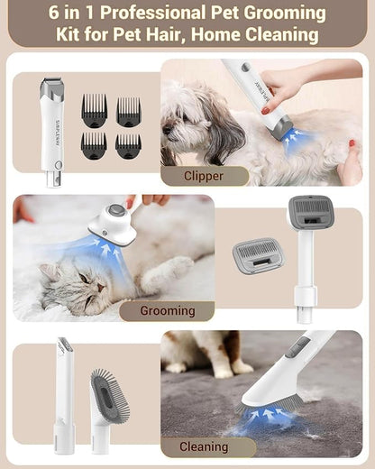 Dog Vacuum Grooming Kit for Shedding: Professional Hair Clippers Pet Groomer - Strong Suction Cleaner Deshedding Tool Fur Brush Attachment Trimmer for Home Cat (Pale White)
