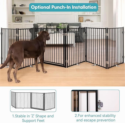 No Pawblems Free Standing Dog Gate with Door, 30'' Tall Foldable Dog Fence for Indoor & Outdoor, Up to 208 Inch Extra Wide Puppy Gate for Stairs, Hallways, Doorways, Deck, Yard (Black, 8 Panels)