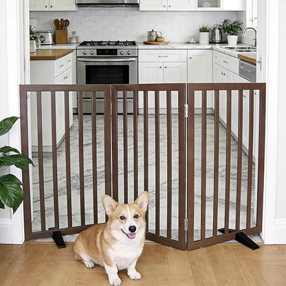 Dog Gate Indoor, Freestanding Dog Fence for The House, Doorways, Hallways,or Stairs,Pet Gate Foldable Wooden,Expandable 32" Height 3 Panels,Brown