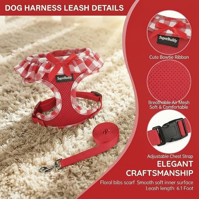 SuperBuddy Upgraded Soft Mesh Dog Harness Super Breathable Lightweight Pet Harnesses for Puppy Dogs Outdoor Walking, Red Dog Harness and Dog Leash Set Packing -Large