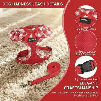 SuperBuddy Upgraded Soft Mesh Dog Harness, Super Breathable Lightweight Pet Harnesses for Puppy Dogs Outdoor Walking, Red Dog Harness and Dog Leash Set Packing -XSmall