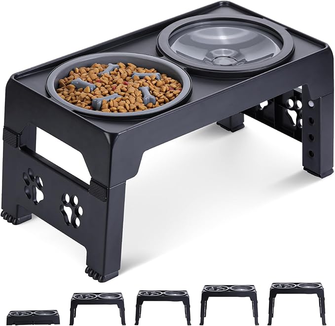 LALOBLUE Elevated Dog Bowls, Raised Dog Bowl with 2 Stainless Steel Dog Food Bowls, Dog Bowls Stand Adjusts to 5 Heights 2.95", 8.46", 9.65", 10.82", 12.01" for Small Medium Large Dogs Cats Pets,Black