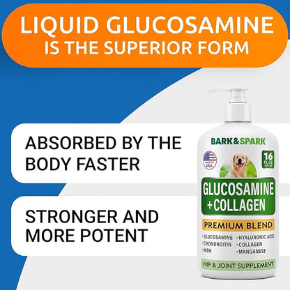BARK&SPARK Liquid Collagen for Dogs w/Glucosamine (16 OZ) Advanced Mobility Joint Supplement for Dogs - Advanced Formula w/Chondroitin, MSM - Hip & Joint + Skin & Coat Care - Made in USA