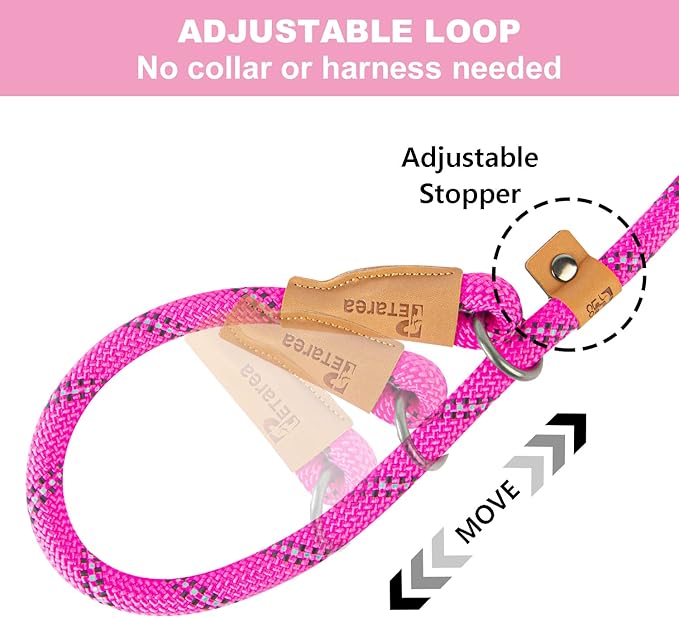 5 FT Slip Lead Dog Leash, Heavy Duty Rope Leash for Small Medium Large Dogs, No Pull Training Lead with Reflective Thread, Strong Comfortable Loop Leash (Pink Stripe, Large(1/2"))
