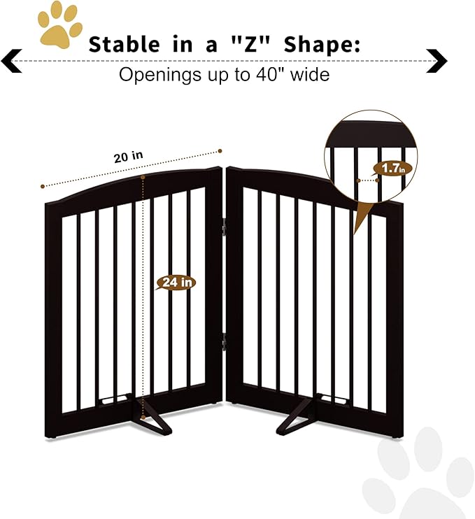 PUPETPO Freestanding Pet Gate for Dogs, Foldable Wooden Dog Gate for House, Indoor Pet Barrier for Stairs, Doorways, Support Feet Included, 24" Height 2 Panels, Brown