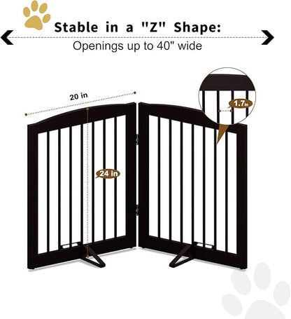 PUPETPO Freestanding Pet Gate for Dogs, Foldable Wooden Dog Gate for House, Indoor Pet Barrier for Stairs, Doorways, Support Feet Included, 24" Height 2 Panels, Brown