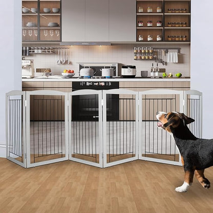 ZJSF Freestanding Foldable Dog Gate for House Extra Wide Wooden Grey Puppy Gate Stairs Dog Gates Doorways Tall Pet Gate 6 Panels Pet Fence