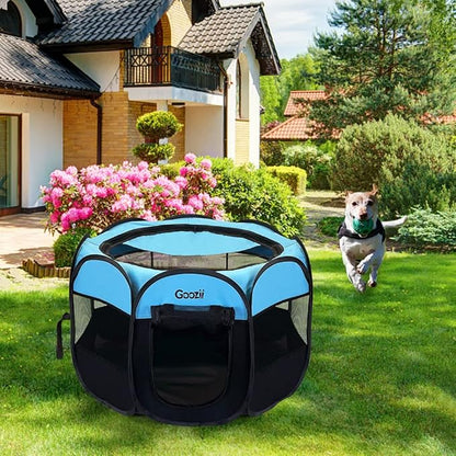 GOOZII Dog Playpen Portable Collapsible, Indoor Outdoor Pet Puppy Exercise Playpens Case with Zipper Door Top Cover Floor for Large Cat Rabbit Travel Camping (Small Size, Black/Blue)