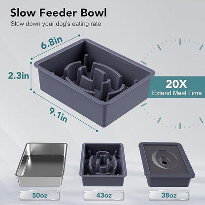 UPSKY 3-in-1 Elevated Dog Bowls Slow Feeder, Adjustable Stand, Stainless Steel Food & No Spill Pet Water Bowl for Small Medium Dogs, Blue