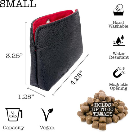 Small Dog Treat Pouch – Slim Vegan Leather Magnetic Pocket Dog Treat Bag for Walking & Training – Discreet Clip On Treat Pouch for Leash, Waistband or Pocket – Mess Free Storage (Black/Red)