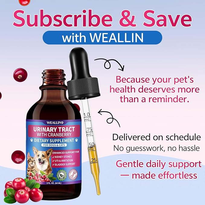 WEALLIN Cat & Dog Natural Urinary Tract Infection Treatment with Cranberry, Kidney, and Bladder Support Supplement, Support for Urinary Comfort & Bladder Flow – Pet Renal Care Support Drops