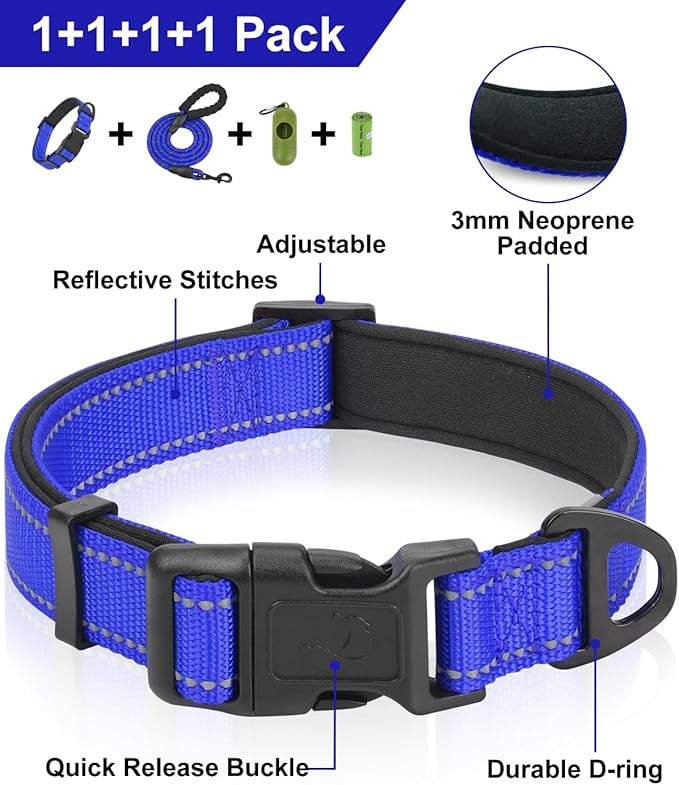 Dynmeow Reflective Dog Collar and Leash Set, 6FT Strong Climbing Rope Leash with Padded Handle, Adjustable Pet Collar with Soft Neoprene Padding for Medium Large Dogs, Navy-Blue, M