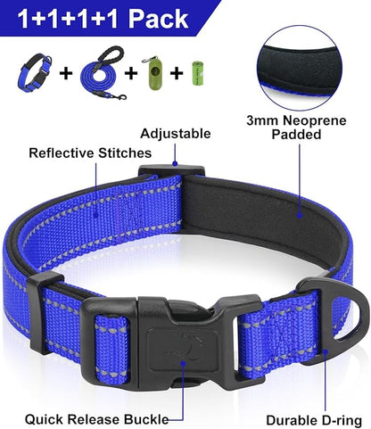 Dynmeow Reflective Dog Collar and Leash Set, 6FT Strong Climbing Rope Leash with Padded Handle, Adjustable Pet Collar with Soft Neoprene Padding for Medium Large Dogs, Navy-Blue, M