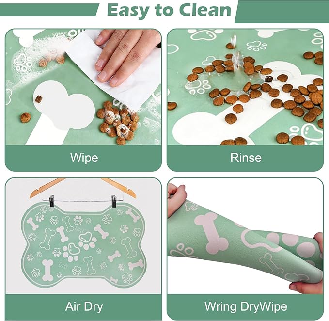 Dog Cat Mat for Food and Water,Rapid Absorbent Pet Feeding Mat, Bone Shaped Dog Placemat Bowl Mat with Rubber Backing,No Stains Pet Food Mats Indoor, Pet Accessories Supplies,Green 16"×24"