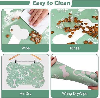 Dog Cat Mat for Food and Water,Rapid Absorbent Pet Feeding Mat, Bone Shaped Dog Placemat Bowl Mat with Rubber Backing,No Stains Pet Food Mats Indoor, Pet Accessories Supplies,Green 16"×24"